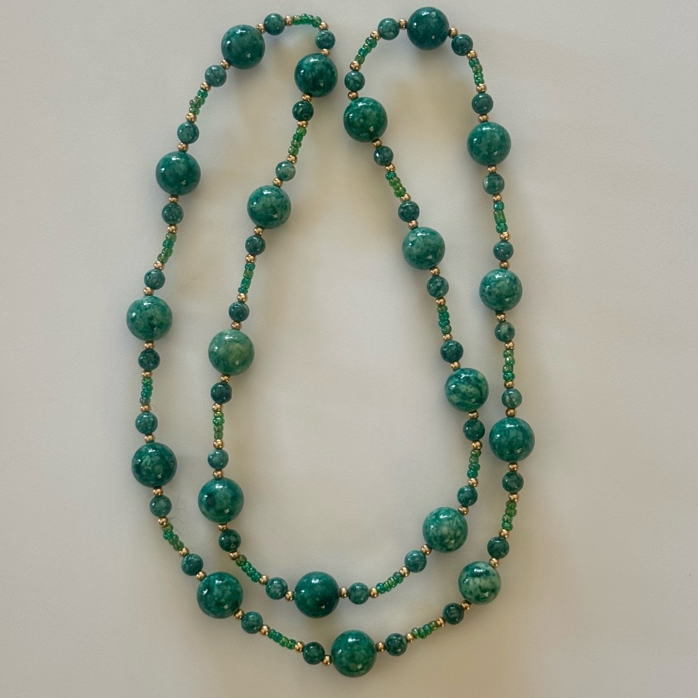Emerald and Gold Beaded Long Necklace Luxury Statement Strand 31”